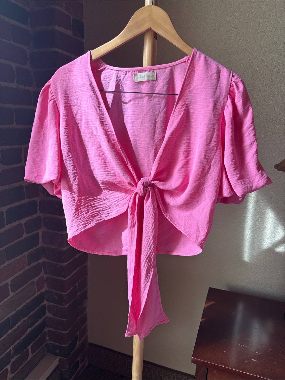 Altar'd State Bright Pink Front Tie Cropped Blouse Size S